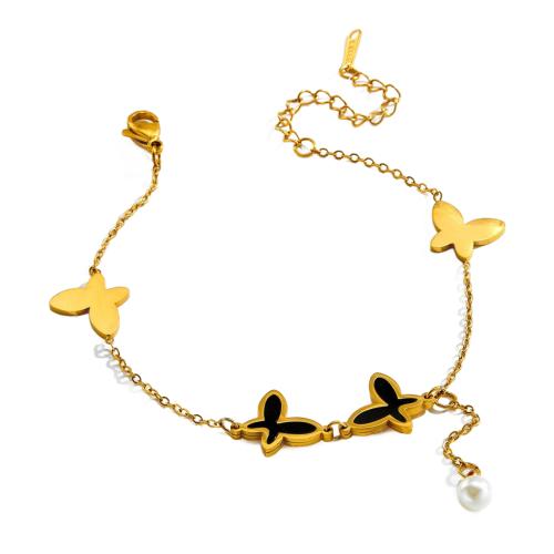 Stainless Steel Anklet, 304 Stainless Steel, with Plastic Pearl & Acrylic, plated, fashion jewelry & for woman, golden, Length:Approx 21 cm, Sold By PC