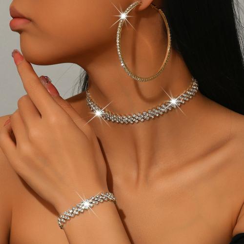 Tibetan Style Jewelry Set, bracelet & earring & necklace, plated, three pieces & for woman & with rhinestone, more colors for choice, Sold By Set
