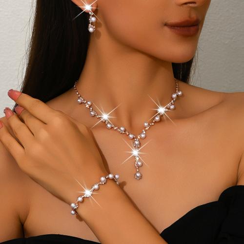 Brass Jewelry Set, with Plastic Pearl, plated, different styles for choice & for woman & with rhinestone, Sold By Set