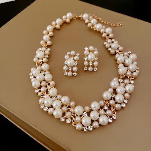 Brass Jewelry Set, with Plastic Pearl, with 2.8inch extender chain, plated, different styles for choice & micro pave cubic zirconia & for woman, Length:Approx 13.9 Inch, Sold By PC