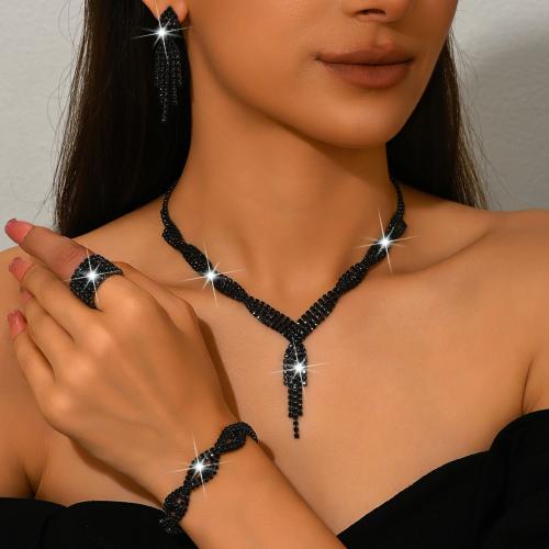 Brass Jewelry Set, finger ring & bracelet & earring & necklace, plated, 4 pieces & for woman & with rhinestone, more colors for choice, Sold By Set