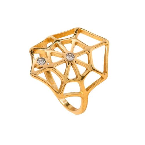 Rhinestone-Edelstahl -Finger-Ring, 304 Edelstahl, Spinnennetz, plattiert, unisex & mit Strass & hohl, goldfarben, verkauft von PC