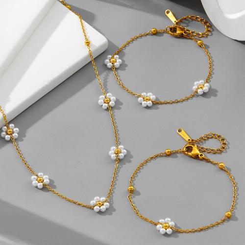 Edelstahl Schmucksets, 304 Edelstahl, mit Kunststoff Perlen, plattiert, Modeschmuck & verschiedene Stile für Wahl & für Frau, goldfarben, Necklace :45cm; Bracelet :16cm., verkauft von PC