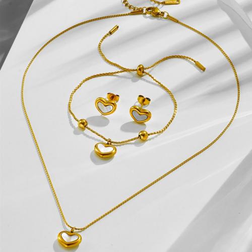 Edelstahl Schmucksets, 304 Edelstahl, mit Weiße Muschel, Herz, 18K vergoldet, Modeschmuck & verschiedene Stile für Wahl & für Frau, Necklace :40cm; Bracelet :16cm., verkauft von PC
