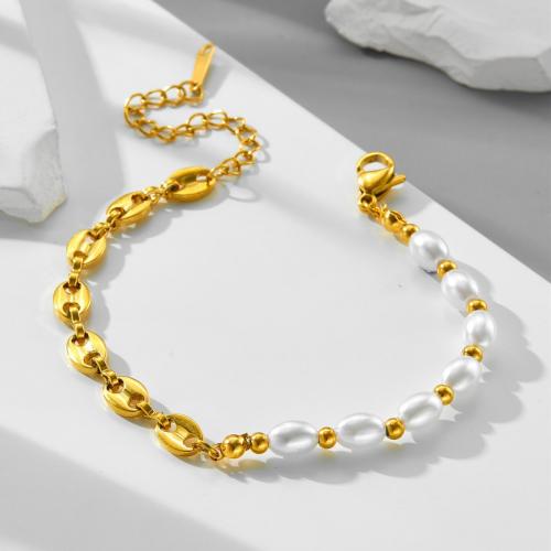 Edelstahl Schmuck Armband, 304 Edelstahl, mit Kunststoff Perlen, plattiert, Modeschmuck & für Frau, goldfarben, Länge:ca. 16 cm, verkauft von PC