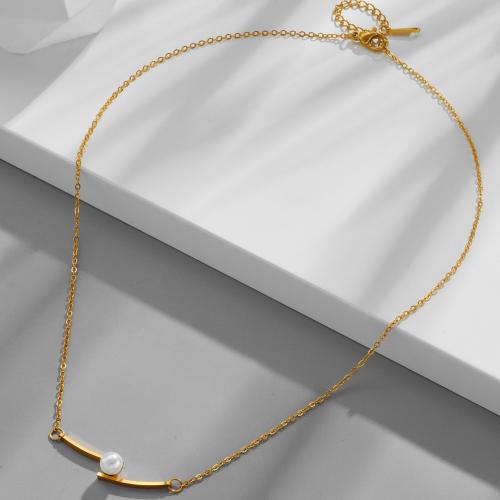 Stainless Steel Jewelry Necklace, 304 Stainless Steel, with Plastic Pearl, plated, fashion jewelry & for woman, golden, Length:Approx 45 cm, Sold By PC