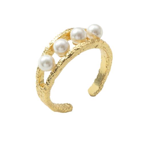 Brass Finger Ring, with Plastic Pearl, plated, fashion jewelry, golden, nickel, lead & cadmium free, 20.70x7.36x24.40mm, Sold By PC