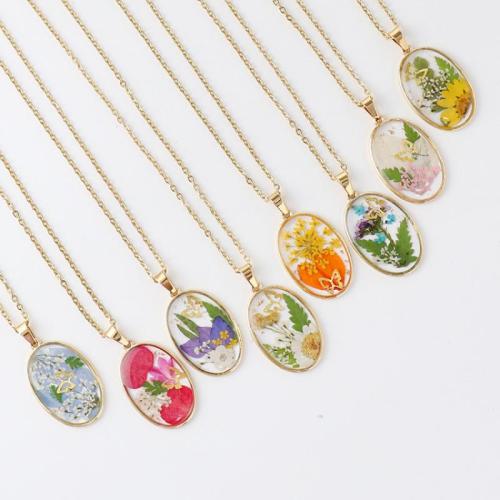 Tibetan Style Necklace, with 304 Stainless Steel Chain & Dried Flower & Resin, epoxy gel, fashion jewelry & different designs for choice & for woman, Length:Approx 45 cm, 6PCs/Bag, Sold By Bag