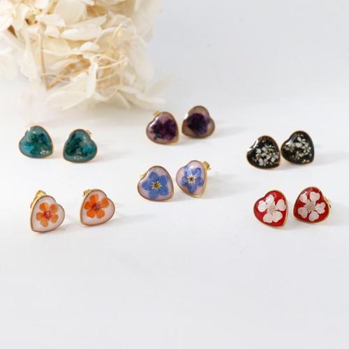 304 Stainless Steel Stud Earring, with Dried Flower, Heart, gold color plated, different designs for choice & for woman & epoxy gel, 6Pairs/Bag, Sold By Bag