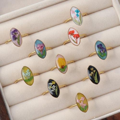 Acier inoxydable 304 Cuff Bague, avec Fleurs séchées, Placage de couleur d'or, modèles différents pour le choix & pour femme & autocollant époxyde, 12PC/sac, Vendu par sac