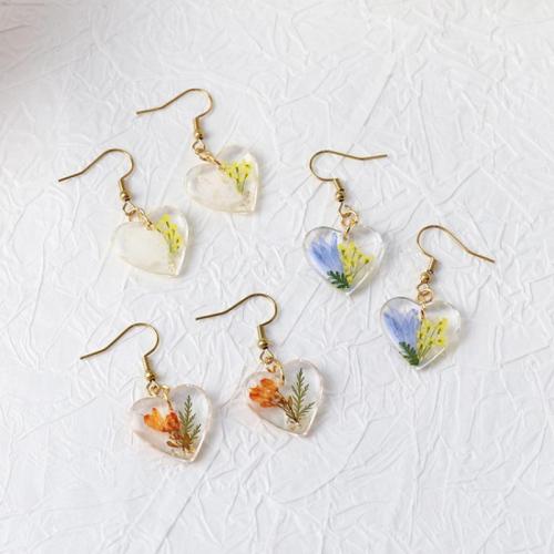 304 Stainless Steel Drop Earring, with Dried Flower & Resin, Heart, different designs for choice & for woman & epoxy gel, 6Pairs/Bag, Sold By Bag