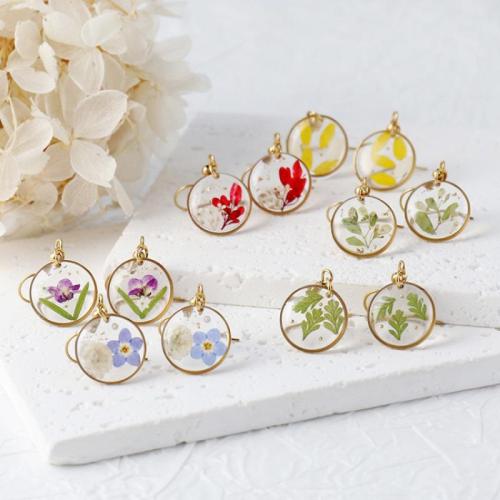 304 Stainless Steel Drop Earring, with Dried Flower & Resin, Round, epoxy gel, fashion jewelry & different designs for choice & for woman, golden, 6Pairs/Bag, Sold By Bag