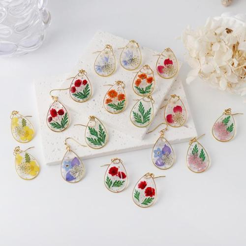 304 Stainless Steel Drop Earring, with Dried Flower & Resin & Brass, Teardrop, epoxy gel, fashion jewelry & different designs for choice & for woman, 6Pairs/Bag, Sold By Bag