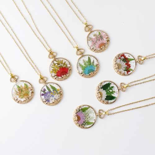 Tibetan Style Necklace, with 304 Stainless Steel Chain & Dried Flower & Resin, different designs for choice & for woman & enamel, golden, Length:Approx 45 cm, 6PCs/Bag, Sold By Bag