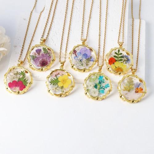 Tibetan Style Necklace, with 304 Stainless Steel Chain & Dried Flower & Resin, epoxy gel, fashion jewelry & different designs for choice & for woman, Length:Approx 45 cm, 6PCs/Bag, Sold By Bag