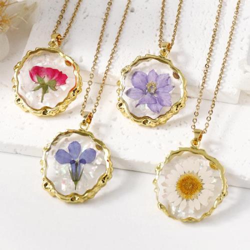 Tibetan Style Necklace, with 304 Stainless Steel Chain & Dried Flower & Resin, epoxy gel, fashion jewelry & different designs for choice & for woman, golden, Length:Approx 45 cm, 6PCs/Bag, Sold By Bag