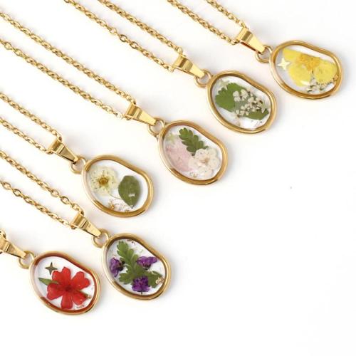 304 Stainless Steel Necklace, with Dried Flower & Resin, epoxy gel, fashion jewelry & different designs for choice & for woman, golden, Length:Approx 45 cm, 6PCs/Bag, Sold By Bag