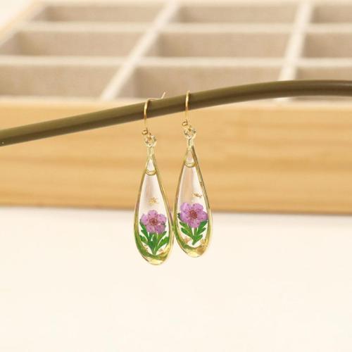 Tibetan Style Drop Earring, with Dried Flower & Resin & 304 Stainless Steel, Teardrop, epoxy gel, different designs for choice & for woman & hollow, golden, 6Pairs/Bag, Sold By Bag