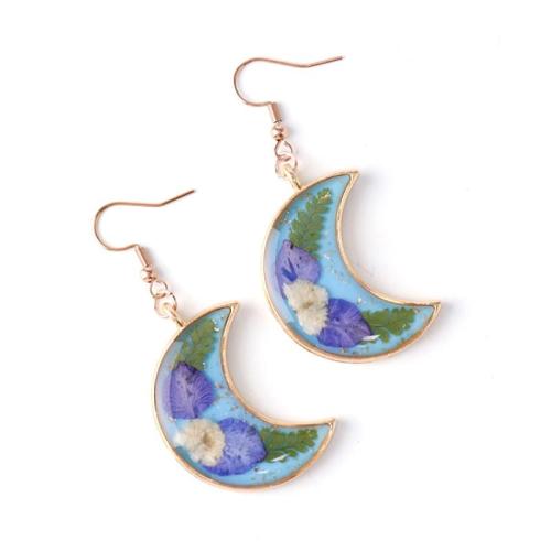 Tibetan Style Drop Earring, with Dried Flower & Resin & 304 Stainless Steel, Moon, handmade, different designs for choice & for woman & epoxy gel, golden, 6Pairs/Bag, Sold By Bag