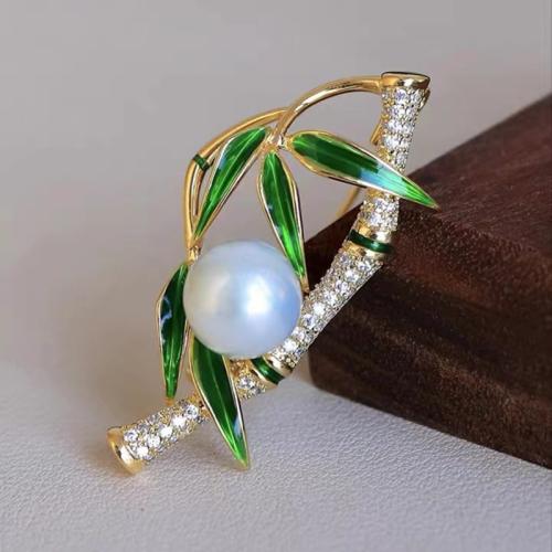 Enamel Brooch, Brass, with Plastic Pearl, Leaf, gold color plated, different styles for choice & for woman, 35mm, Sold By PC