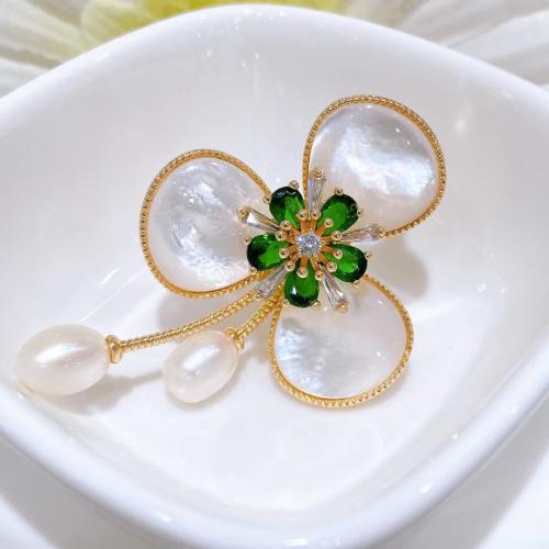 Brass Brooch, with White Shell & Glass Pearl, Three Leaf Clover, gold color plated, for woman & with rhinestone, brooch length 35-55mm, Sold By PC