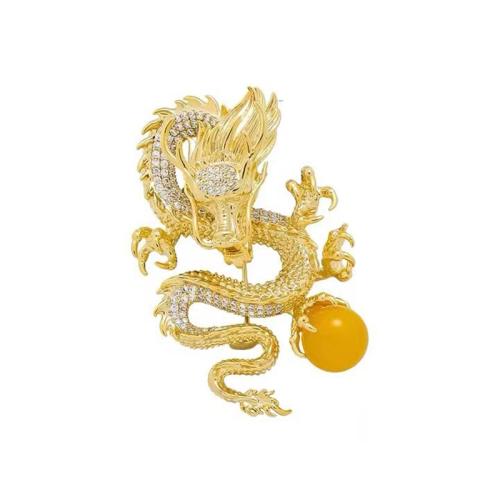 Rhinestone Brooch, Brass, Dragon, gold color plated, for woman & with rhinestone, 40x50mm, Sold By PC