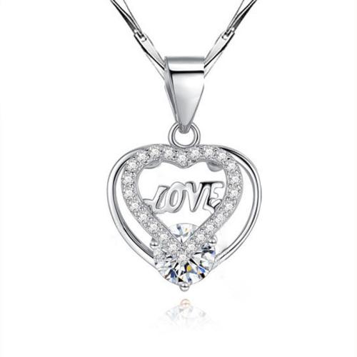 925 Sterling Silver Necklace, Heart, platinum plated, different styles for choice & micro pave cubic zirconia & for woman, Length:Approx 16-20 Inch, Sold By PC