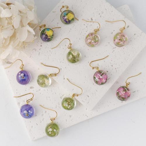Resin Drop Earring, with Dried Flower & 304 Stainless Steel, Round, fashion jewelry & different designs for choice & for woman, 6Pairs/Bag, Sold By Bag
