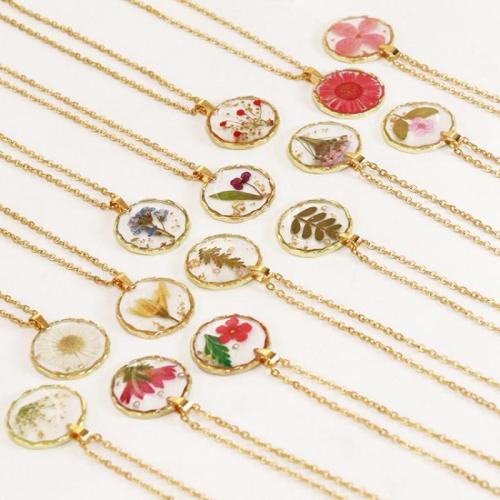 Tibetan Style Necklace, with 304 Stainless Steel Chain & Dried Flower & Resin, epoxy gel, fashion jewelry & different designs for choice & for woman, golden, Length:Approx 45 cm, 6PCs/Bag, Sold By Bag