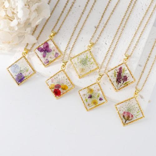 Tibetan Style Necklace, with 304 Stainless Steel Chain & Dried Flower & Resin, handmade, fashion jewelry & different designs for choice & for woman, golden, Length:Approx 45 cm, 6PCs/Bag, Sold By Bag