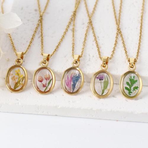 304 Stainless Steel Necklace, with 304 Stainless Steel Chain & Dried Flower & Resin, different designs for choice & for woman & enamel, golden, Length:Approx 45 cm, 6PCs/Bag, Sold By Bag