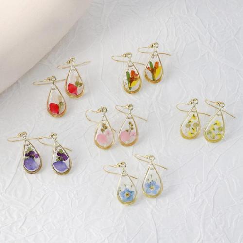 Tibetan Style Drop Earring, with Dried Flower & Resin & 304 Stainless Steel, Teardrop, different designs for choice & for woman & hollow, golden, 6PCs/Bag, Sold By Bag
