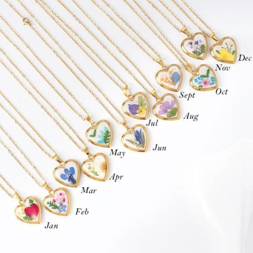 304 Stainless Steel Locket Necklace, with 304 Stainless Steel Chain & Dried Flower & Resin, can open and put into something & different designs for choice & enamel, golden, Length:Approx 45 cm, 6PCs/Bag, Sold By Bag