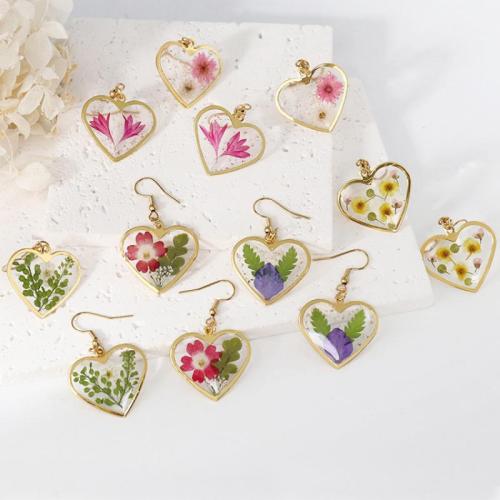 Tibetan Style Drop Earring, with Dried Flower & Resin & 304 Stainless Steel, Heart, epoxy gel, fashion jewelry & different designs for choice & for woman, golden, 6Pairs/Bag, Sold By Bag