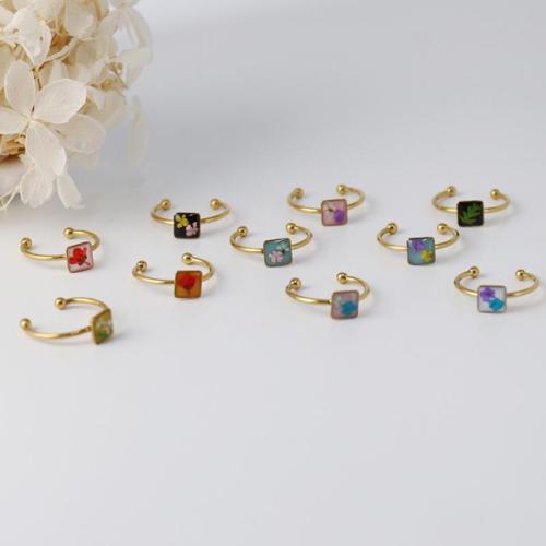 304 Stainless Steel Cuff Finger Ring, with Dried Flower, epoxy gel, fashion jewelry & different designs for choice & for woman, golden, 6PCs/Bag, Sold By Bag