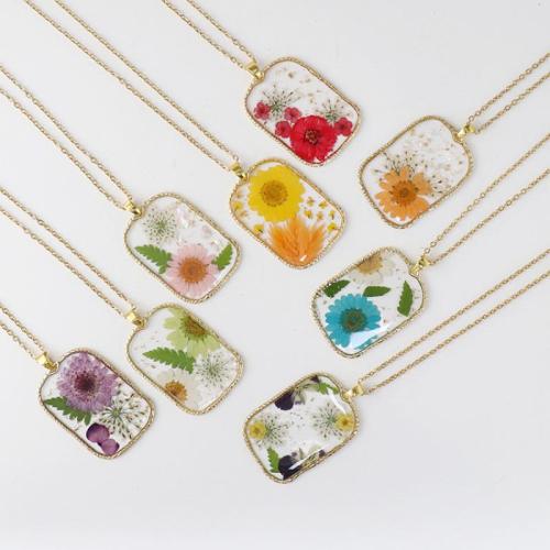 Tibetan Style Necklace, with 304 Stainless Steel Chain & Dried Flower & Resin, handmade, fashion jewelry & different designs for choice & for woman, golden, Length:Approx 45 cm, 6PCs/Bag, Sold By Bag