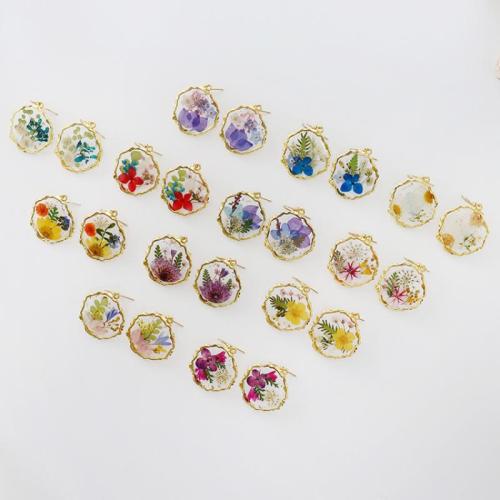 Tibetan Style Drop Earring, with Dried Flower & Resin & 304 Stainless Steel, different designs for choice & for woman & epoxy gel, golden, 5Pairs/Bag, Sold By Bag