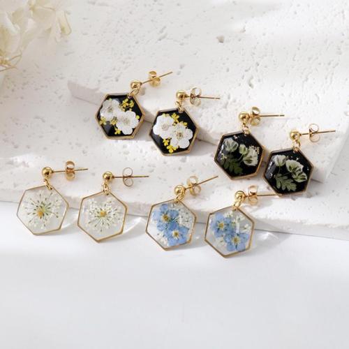 304 Stainless Steel Drop Earring, with Dried Flower & Resin, different designs for choice & for woman & epoxy gel & enamel, golden, 6Pairs/Bag, Sold By Bag