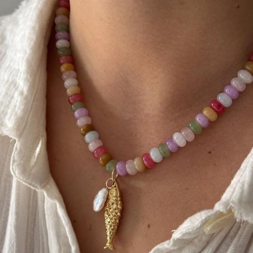 Natural Gemstone Necklace, Natural Stone, with Plastic Pearl & 304 Stainless Steel, plated, fashion jewelry, mixed colors, 5x8mm, Sold By PC
