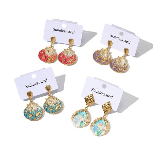 Titanium Steel  Earring, with Plastic Pearl, Round, plated, fashion jewelry, more colors for choice, Hole:Approx 1.2mm, Sold By PC