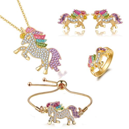 Tibetan Style Jewelry Set, Stud Earring & finger ring & bracelet & necklace, Unicorn, plated, 4 pieces & for children & with rhinestone, more colors for choice, necklace length 40cm, bracelet length 23cm, Sold By Set