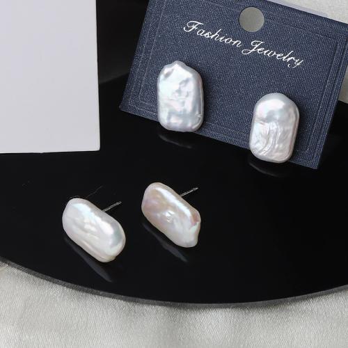 Freshwater Pearl Earrings, gold color plated, fashion jewelry, white, 16x11mm, Sold By Pair