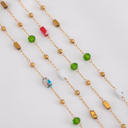 Decorative Beaded Chain, 304 Stainless Steel, with Impression Jasper & Crystal, plated, DIY, golden, 1m/Bag, Sold By Bag