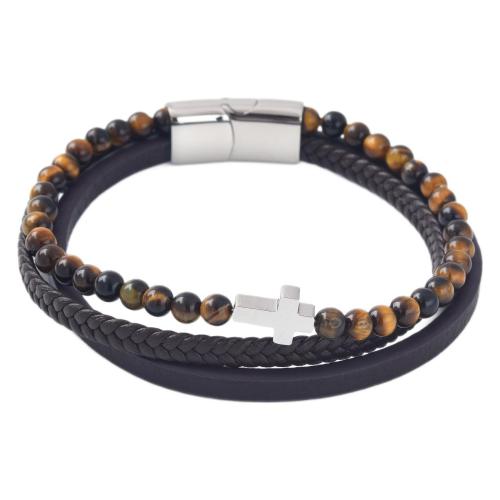 PU Leather Cord Bracelets, with Gemstone & 304 Stainless Steel, handmade, three layers & fashion jewelry & Unisex, more colors for choice, Length:Approx 21 cm, Sold By PC