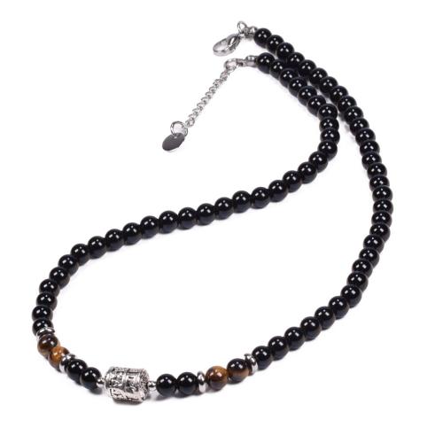 Obsidian Necklace, with 304 Stainless Steel Chain & Tiger Eye & Tibetan Style, plated, fashion jewelry, mixed colors, 6mm, Length:45 cm, Sold By PC