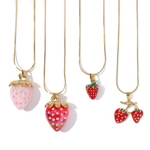 Titanium Steel Necklace, Strawberry, plated, DIY & enamel & with rhinestone, more colors for choice, nickel, lead & cadmium free, Sold By PC