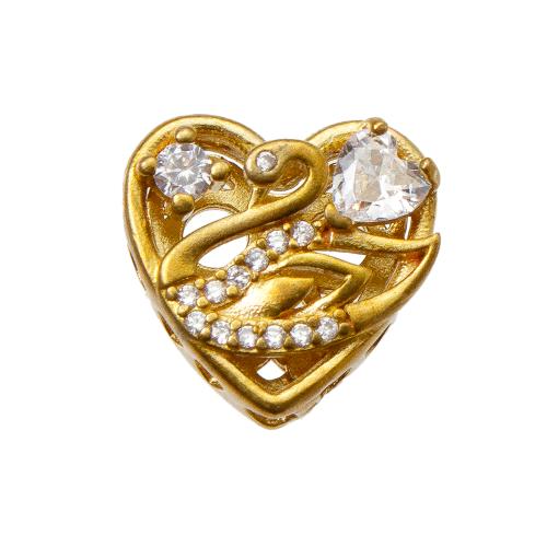 Rhinestone Brass Beads, Heart, plated, DIY & with rhinestone, golden, nickel, lead & cadmium free, 13.30x6x13mm, Inner Diameter:Approx 1.2mm, Sold By PC