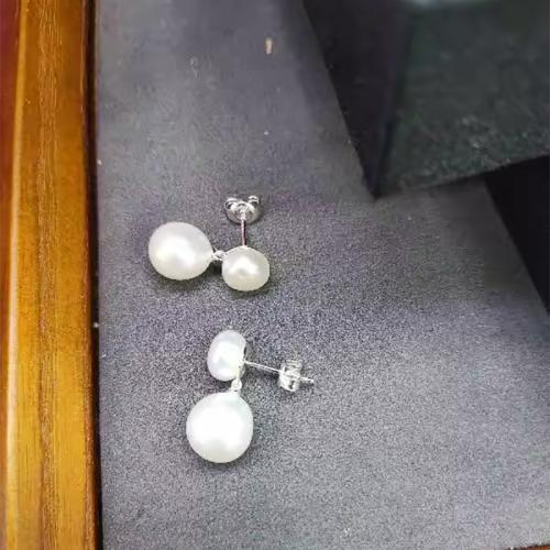 925 Sterling Silver Stud Earring, with Freshwater Pearl, fashion jewelry & for woman, 21mm, Sold By Pair