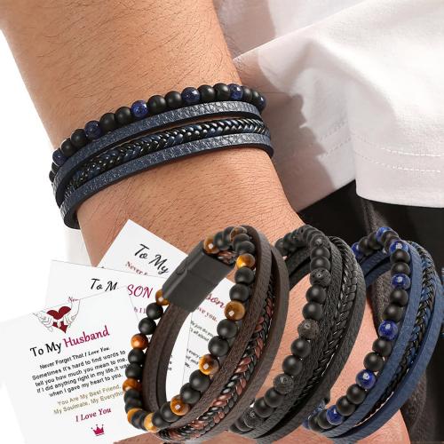 Gemstone Bracelet, with Microfiber PU & 304 Stainless Steel, handmade, multilayer & different styles for choice & for man, Sold By PC