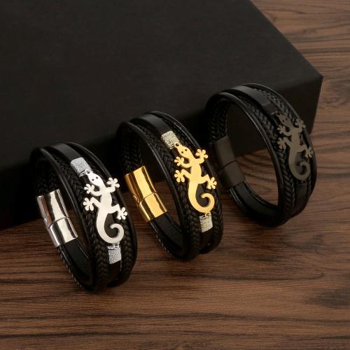 304 Stainless Steel Bracelet, with PU Leather, Lizard, polished, different styles for choice & for man, Sold By PC